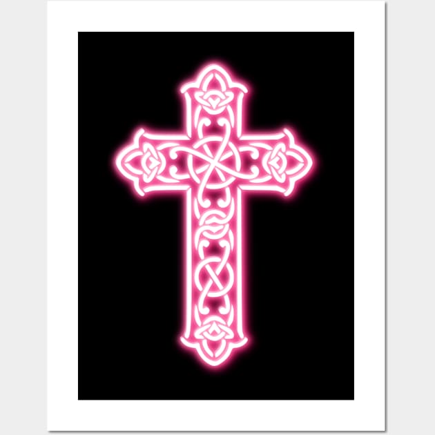 Pink Neon Celtic Knot Cross Wall Art by la chataigne qui vole ⭐⭐⭐⭐⭐